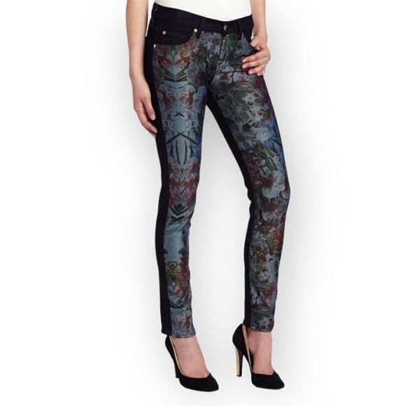 NWOT 7 For All Mankind Tropical-Print Slim Cigarette Jeans Sz 27 - Picture 1 of 16